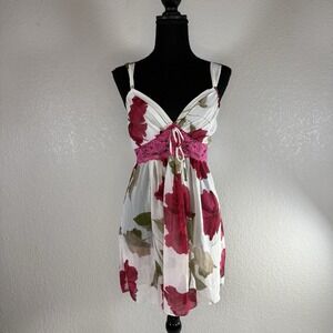 In Bloom By Jonquil Lace Trim Pink and White Floral Slip Dress Chemise L